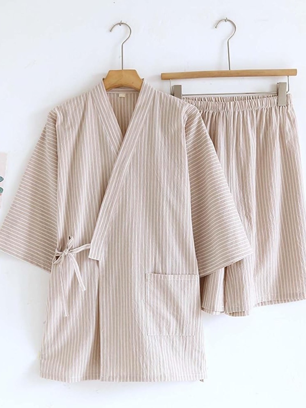NWOT Striped Cotton Kimono Lounge Set Striped Beige & White 100% Cotton Size L